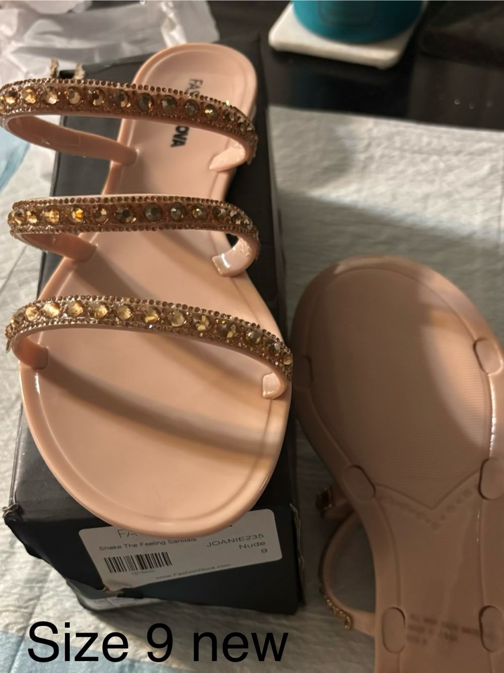 Fashion Nova Nude Jeweled Triple-Strap Sandals